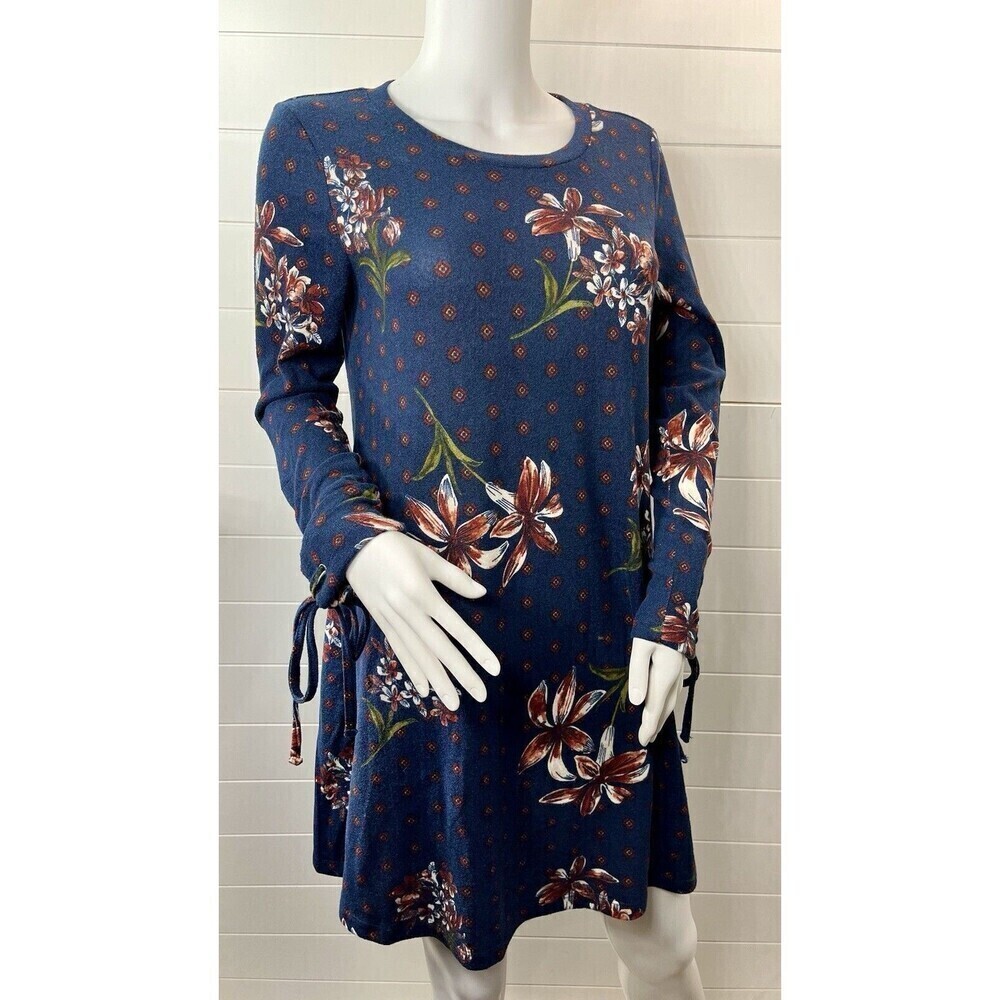 Polly&Esther  L Womens Navy Floral Dress Knee Length Lace Up Sleeve Cottagecore